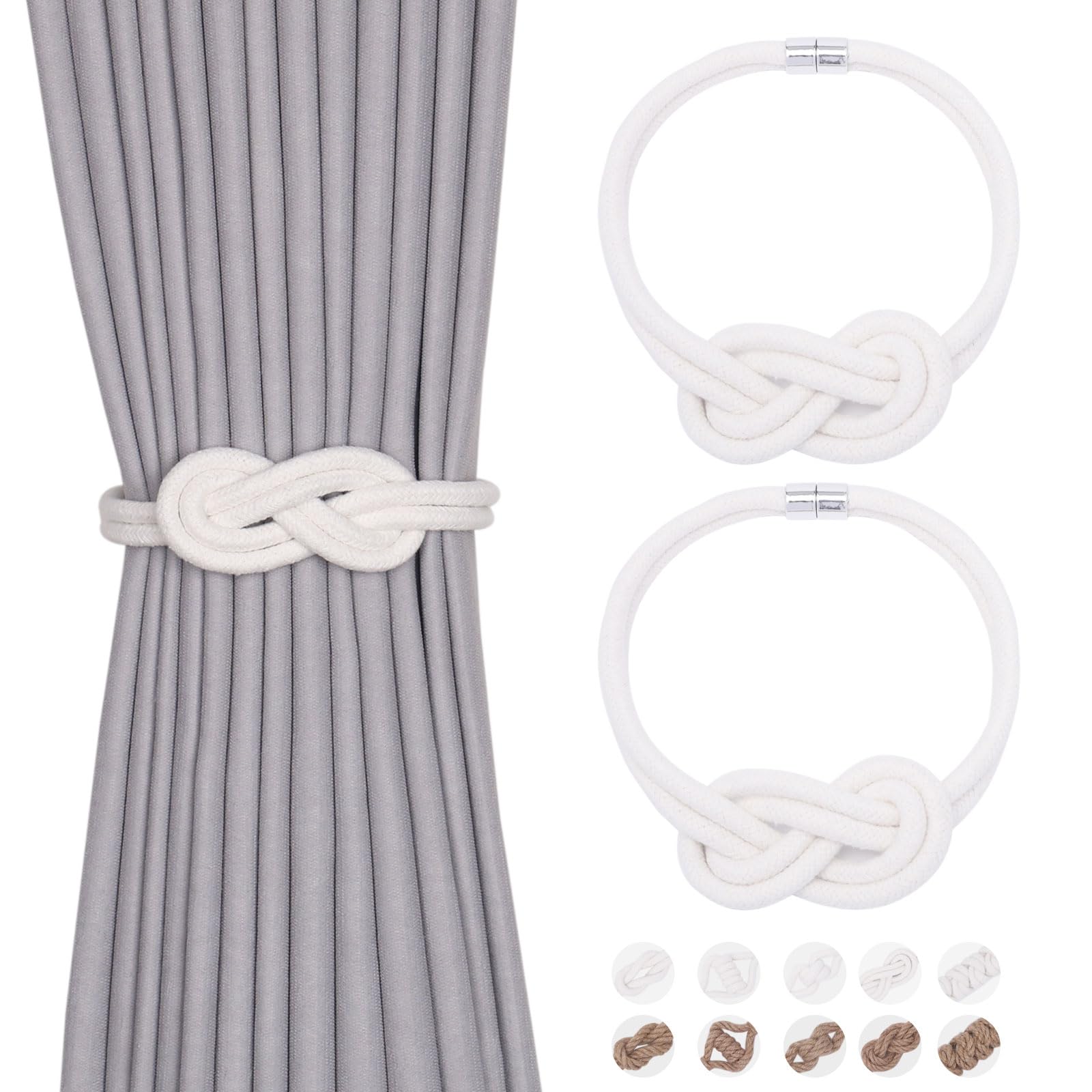 Pretty Jolly 2 Pack Natural Cotton Rope Curtain Tiebacks Elegant Boho Style Magnetic Drape Tie Backs Soft Hand-Woven Rope Curtain Holdbacks for Home & Office Drapery (Cotton knot-01)