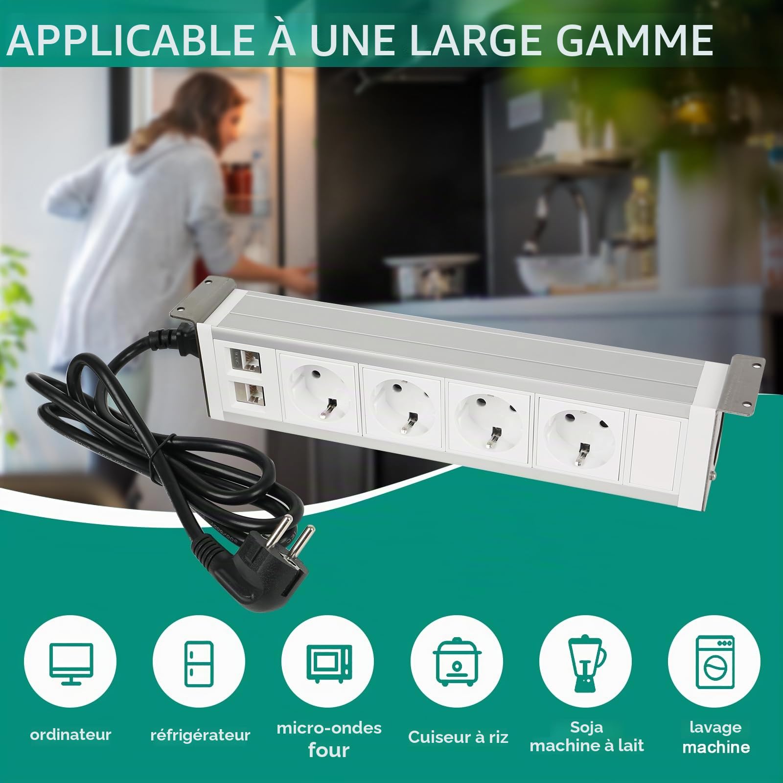 Multiprise sous le plan de travail, multiprise 4 prises avec 2 câbles RJ45 et 1,5 m, prise pour meubles ou plans de travail