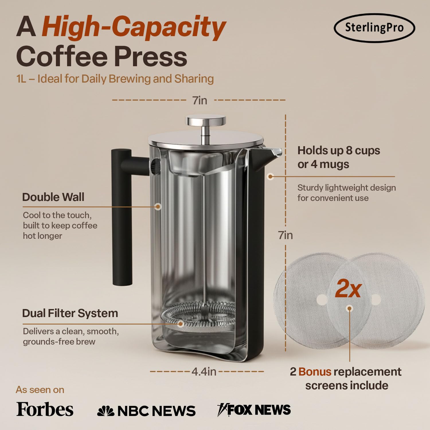 SterlingPro French Press Coffee Maker-Double Walled Large Coffee Press with 2 Free Filters- Granule-Free Coffee, Stylish Rust Free Kitchen Accessory-Stainless Steel French Press (1L, Black)