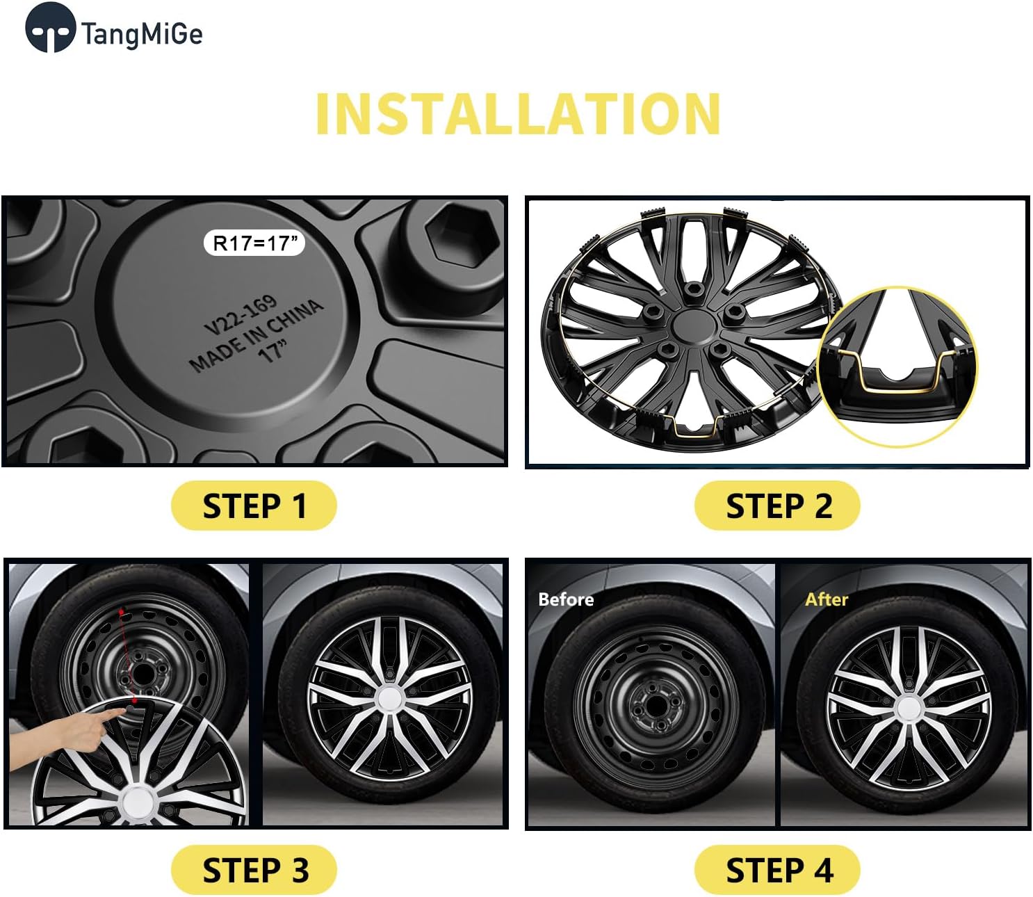 TangMiGe 4 Pack Universal Hubcaps Replacement R17 Wheel Covers, Steel Wheel Rim Cover for Most Cars Sedans SUV Trucks, 17" 17 in inch Hub Caps (Silver+Black Color, 17 inch)