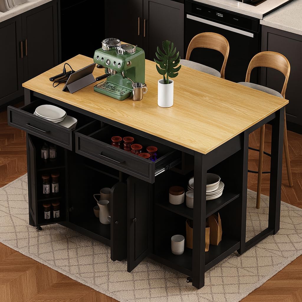 K&K 47 inch Kitchen Island with Extendable Dining Table, Rubber Wood Veneer Kitchen Table with Internal Storage Rack, Power Outlet, Kitchen Island with Storage 2 Drawers 2 Cabinet, Black
