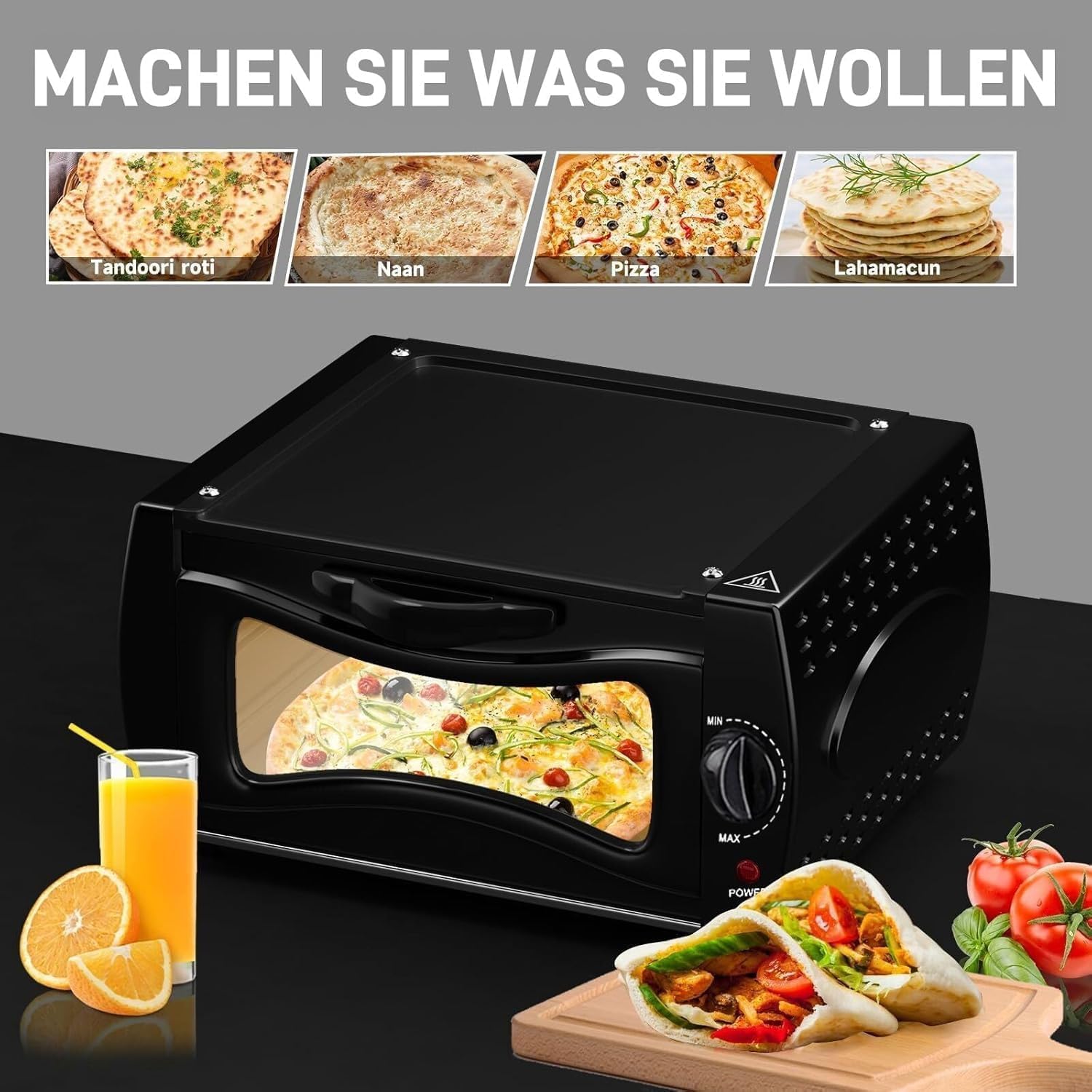 1500W Electric Pizza Oven, 15L Countertop Tandoor Bread Maker, 50-400℃ Adjustable Temperature, Includes Bake Tray, Rack and Handle, for Chapati Roti Lahmacun Manakish Naan