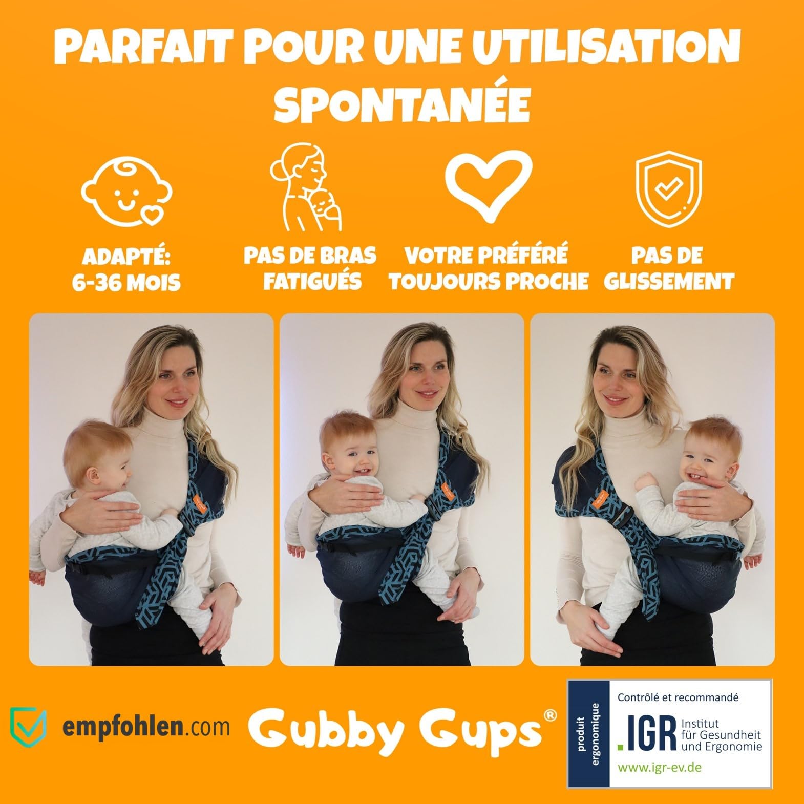 GUBBY GUPS Porte-Bébé Hanche Ergonomique V3.0 – Portage Bébé Latéral Léger Compact 15 kg