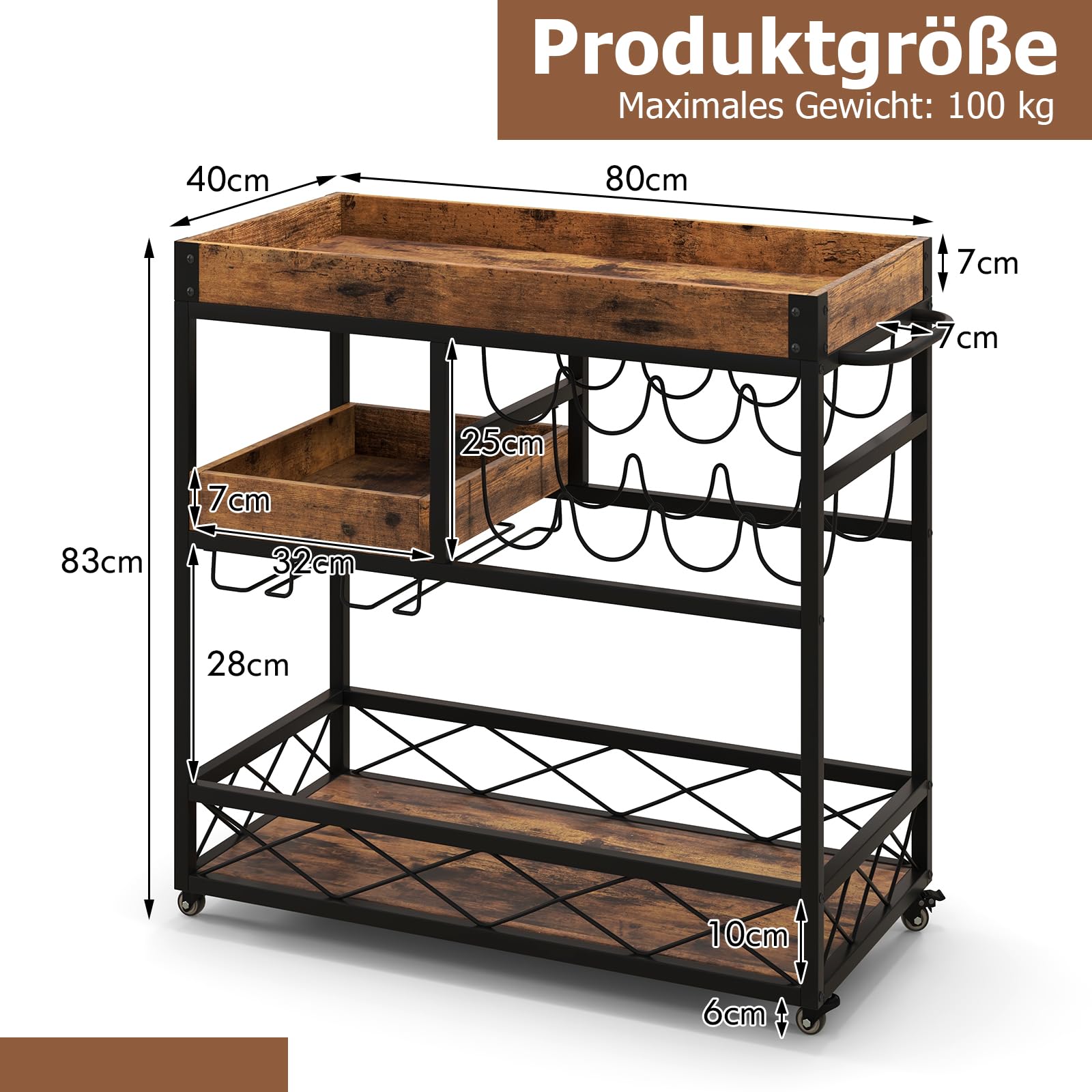 GOPLUS 3-stöckiger Servierwagen, mobiler Barwagen mit 8-Flaschen Weinregal und 12 Glashalter, Küchenwagen mit Universalrollen, Griffe, Rollwagen Holz für Wohnzimmer & Küche