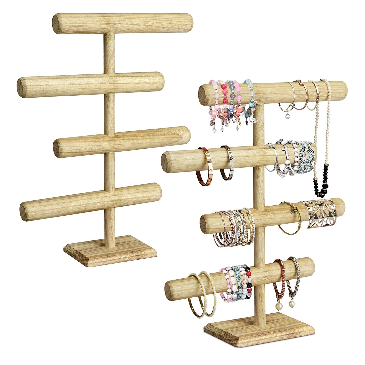 MOOCA 2 Pcs Set 4-Tier Wooden Jewelry Display, Bracelet Holder Organizer, Wooden Jewelry Stand, Accessory Display Storage Organizer, Oak Color