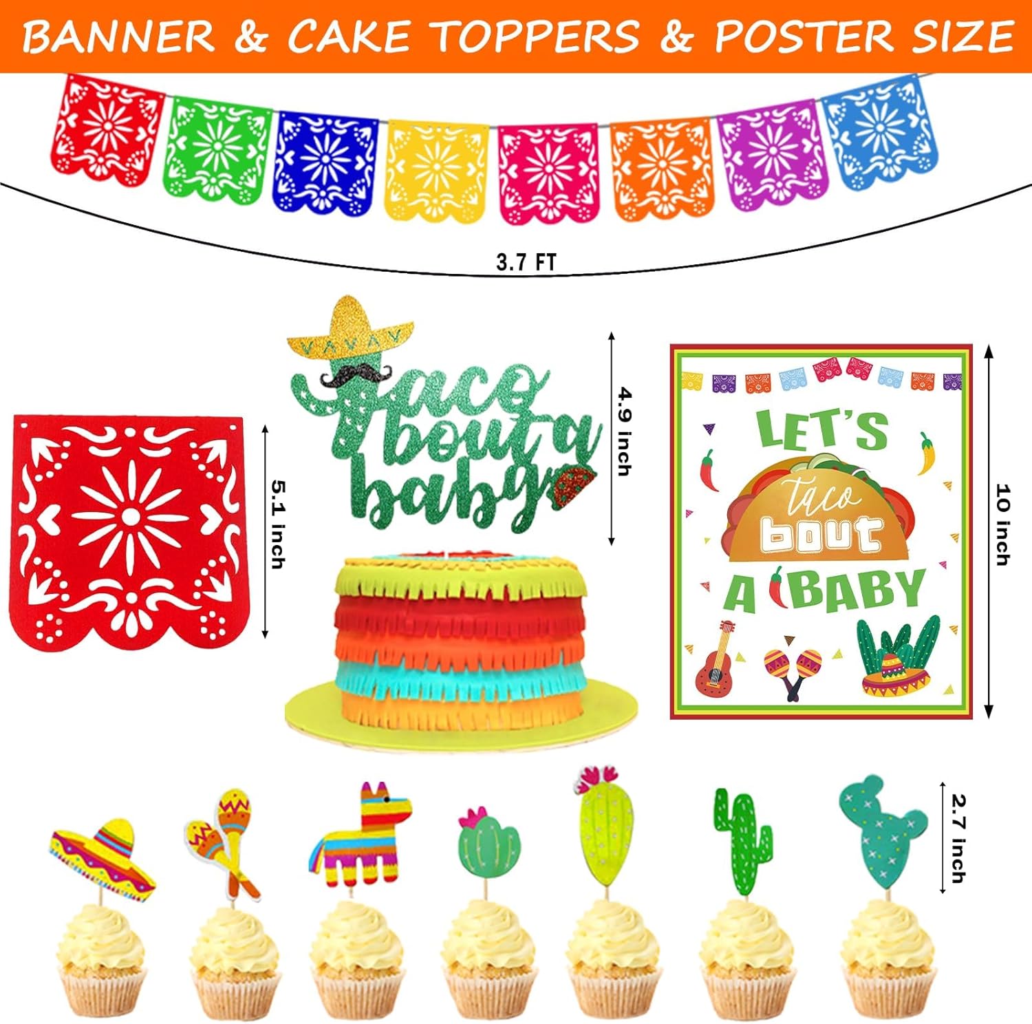 Taco Bout a Baby Decorations, 124 PCs Mexican Baby Shower Decorations, Fiesta Backdrop Balloon Banner Tablecloth Cake Cupcake Topper Poster for Cinco De Mayo Party Supplies