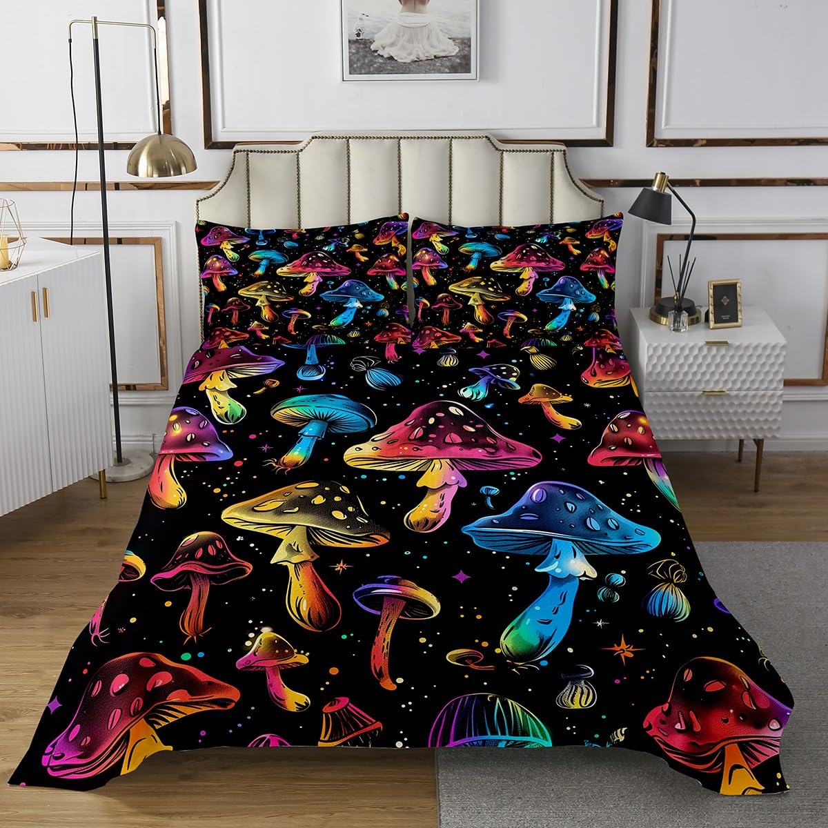 Manfei Mushroom Kids Bedspread King Size,Glitter Starry Sky Trippy Coverlet Set,Boys Girls Room Decor,Tie-dye Graffiti Botanical Plants Rustic Quilted Coverlet,Colorful Bedding Quilt,2 Pillowcases