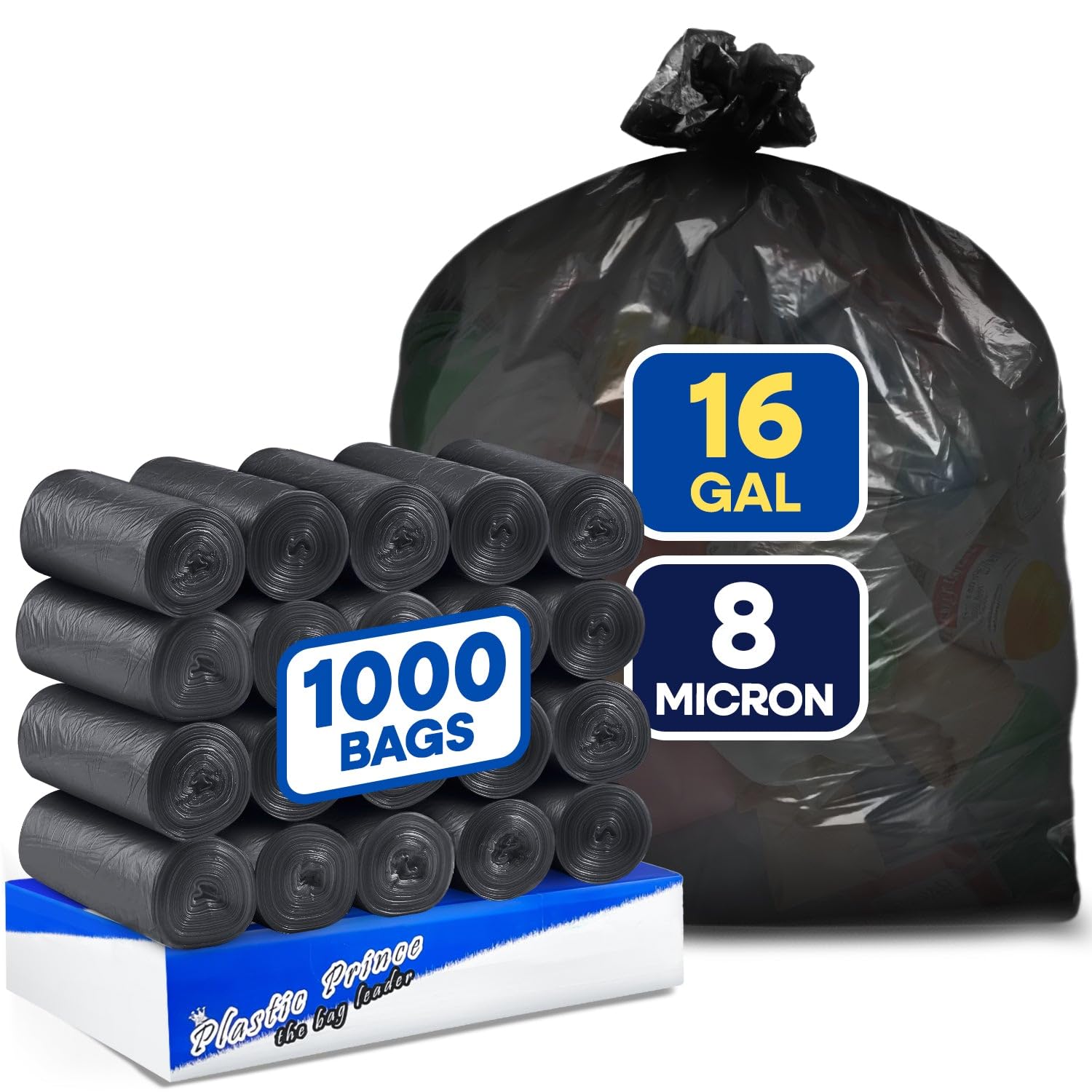 PLASTIC PRINCE 12-16 Gallon Can Liners 8 Mic High-Density Garbage Bags Black 24" x 31" Trash Bags 1000/Case