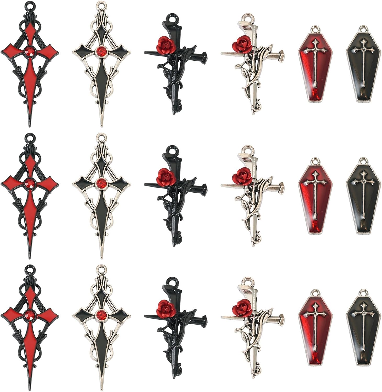 Gothic Charms Cross Heart Red Black Vintage Punk Small Cross Pendants for Halloween Crafts DIY Earring Jewelry Making Supplies