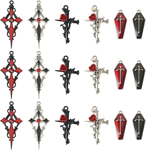 Miniatura 7 de 24 dijes esmaltados de cruz gótica, aleación roja y negra, para Halloween, crucifijo, vampiro, ataúd, ataúd, vintage, punk, pequeña, cruz, para