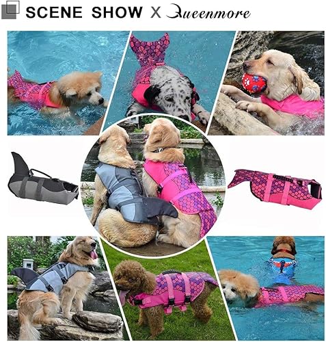Miniatura 2 de Queenmore - Chaleco salvavidas para perros pequeños, medianos, grandes, estilo pescado, chaleco flotante con mango de goma suave ajustable, M,