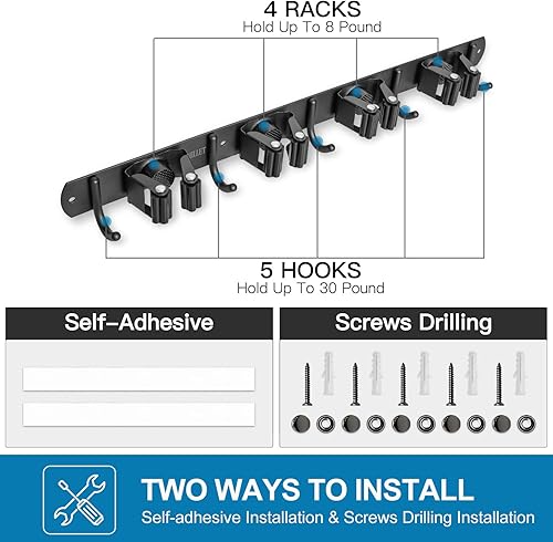 Miniatura 6 de IMILLET Soporte para escoba y trapeador montado en la pared, soporte de escoba de acero inoxidable, organizador de herramientas resistente, soporte