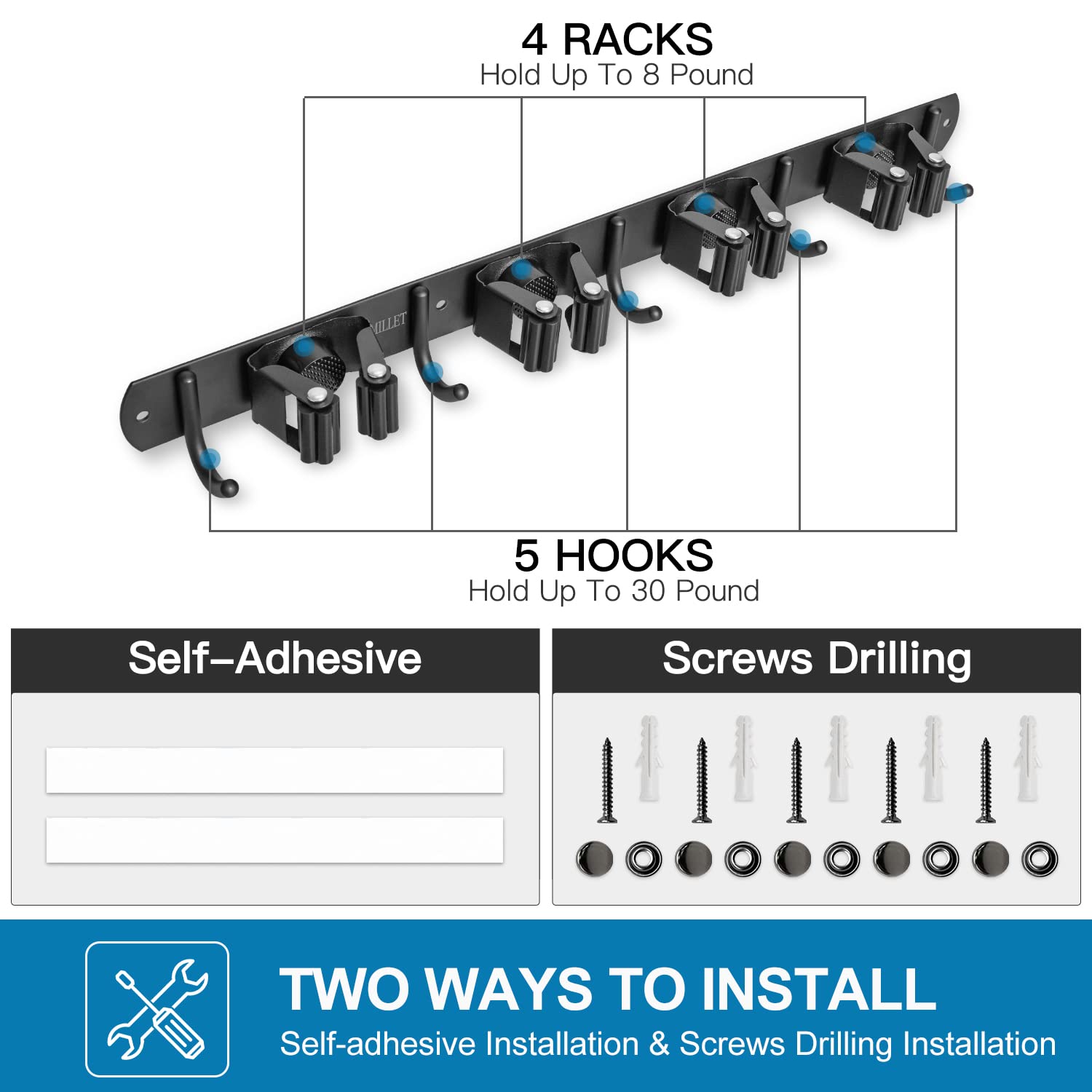 IMILLET Besen- und Wischmopphalter, Wandmontage, Besenhalter, Edelstahl, Besen-Organizer, robuster Werkzeug-Organizer, selbstklebender Mopphalter für Zuhause, Waschküche, Garage, Garten (4 Regale und