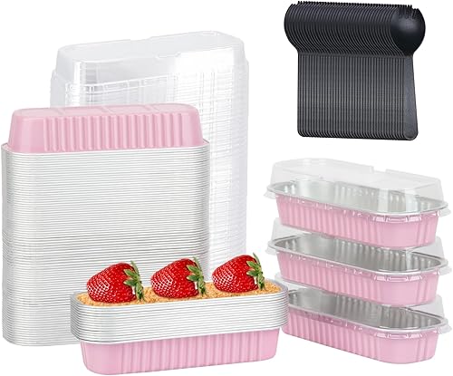 LNYZQUS Mini moldes para pan con tapas, 100 unidades, mini moldes rectangulares de papel de aluminio de 6.8 onzas para hornear, moldes desechables