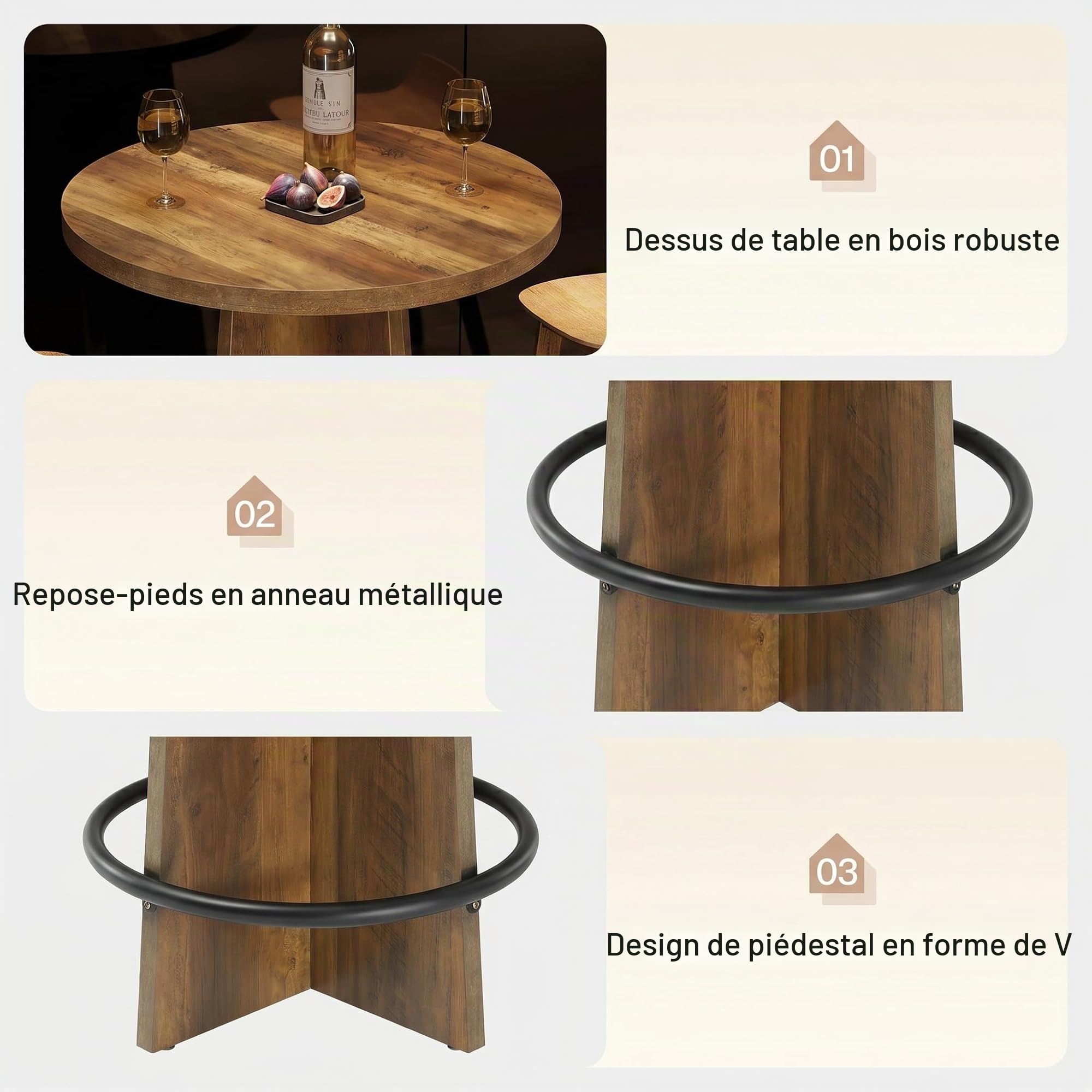 Tribesigns Table de Bar Ronde en Bois, Table bistrot de 95 cm de Haut avec Base et Anneau en métal pour café, Maison, Petit Espace, Marron (Table Uniquement)