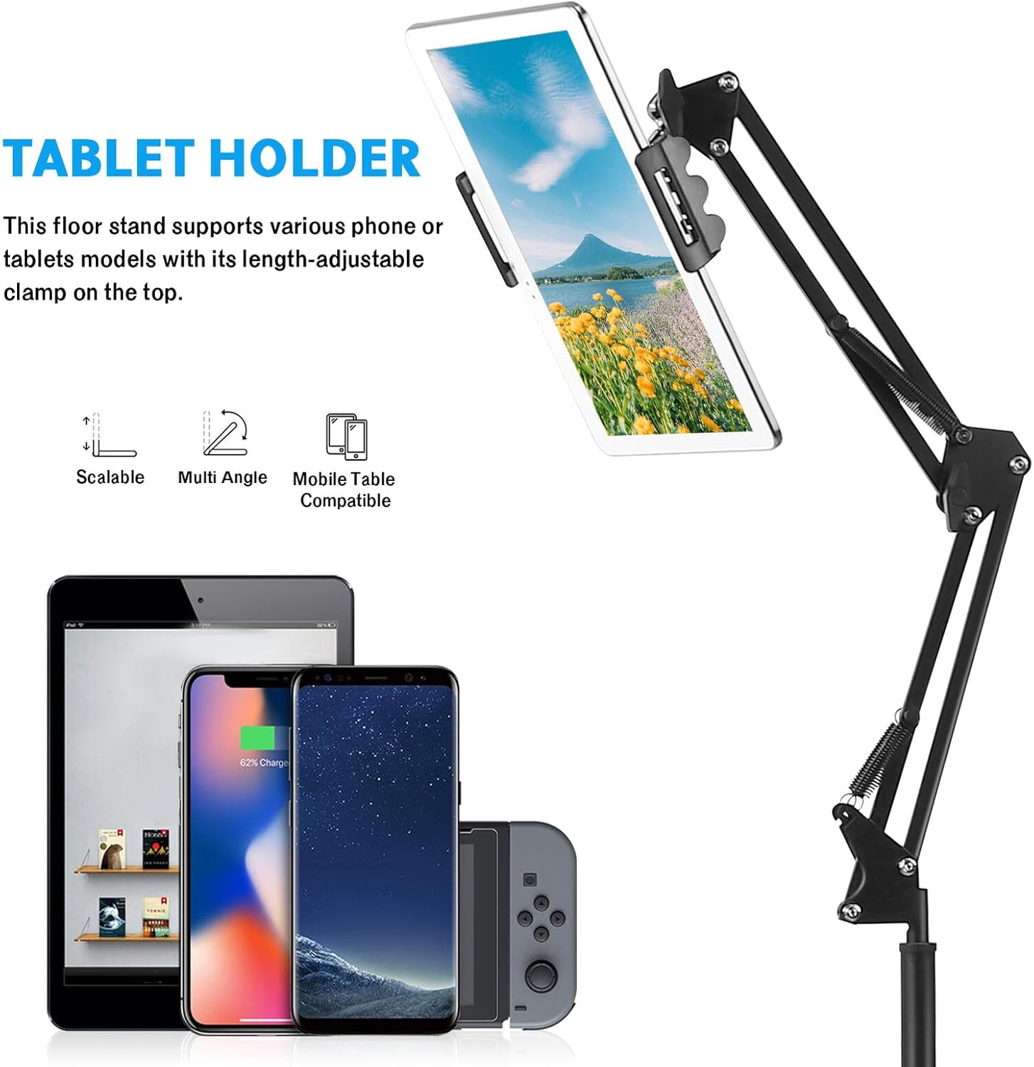 Adjustable Phone Floor Stand and Tablet Holder 135cm Height Rotatable Overhead Arm Mount for Recording and Streaming Black Cellphone Mount for Home and Office