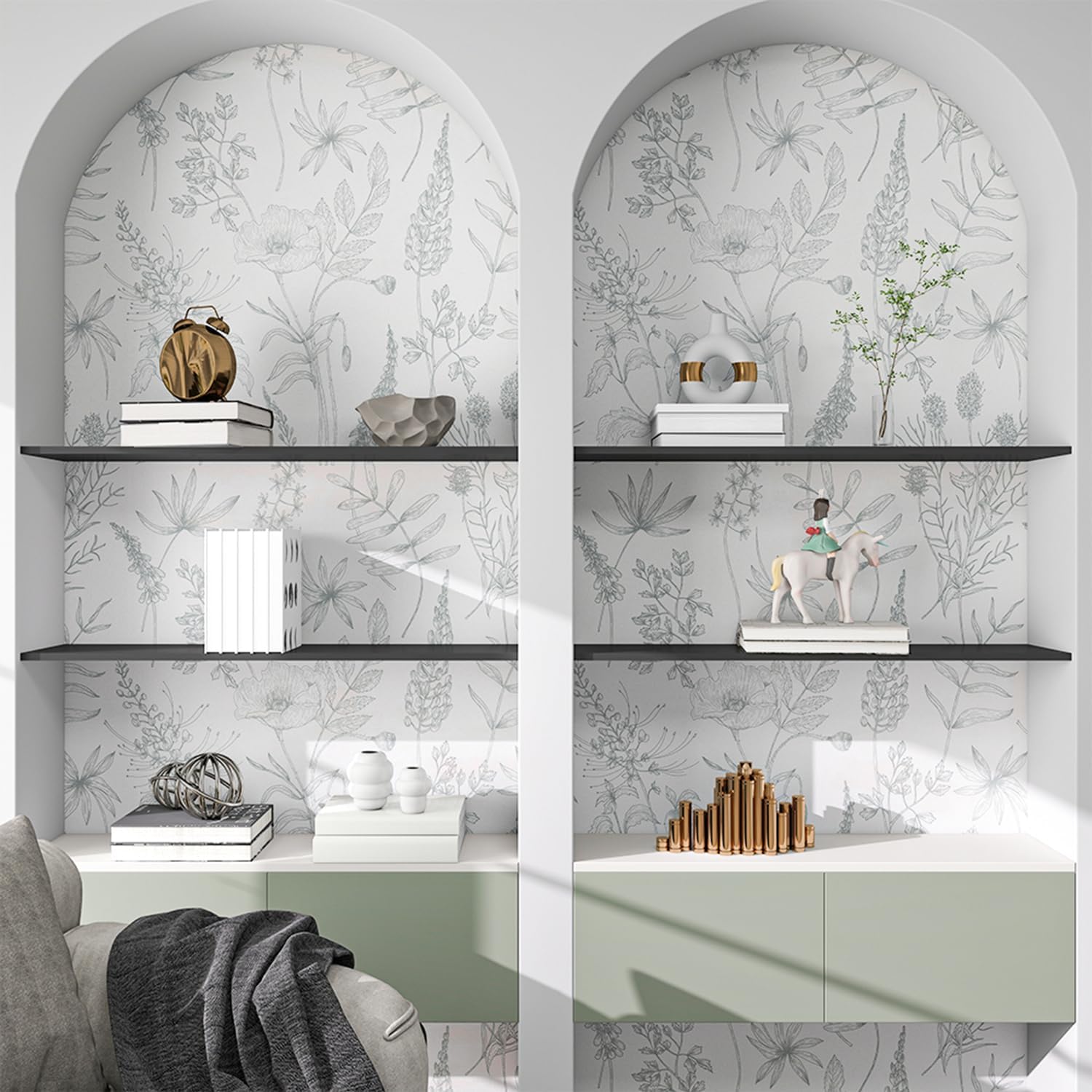 White and Green Wallpaper Peel and Stick Floral Vintage Wall Paper Boho Self Adhesive Green Leaf Contact Paper Removable for Bedroom Bathroom Cabinets Shelf Drawer 17.7''x393''