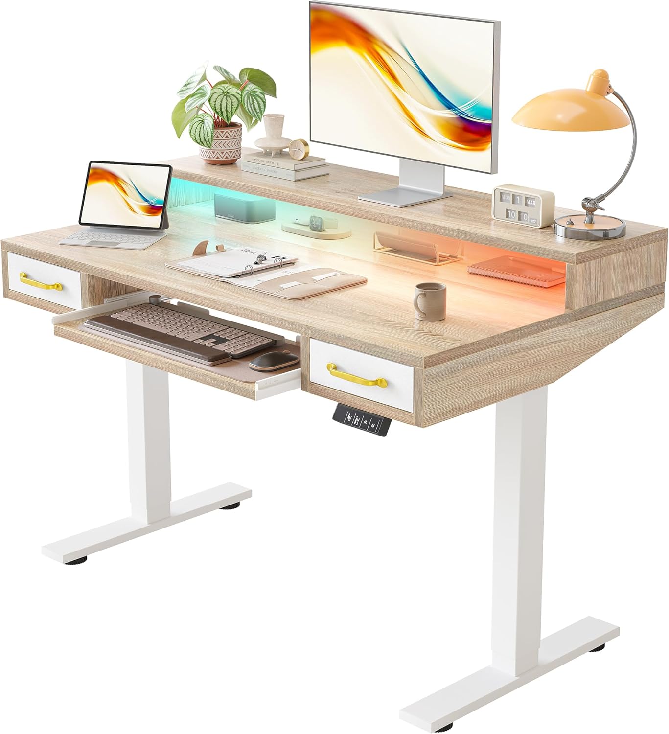 TIQLAB Standing Desk 47×28 inch LED with Drawers