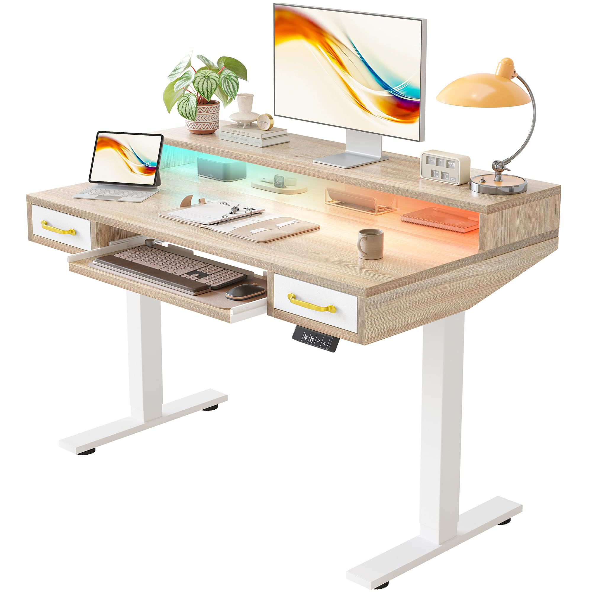 TIQLAB Standing Desk with Two Drawers, Stand Up Standing Desk Adjustable Height, Electric Sit Stand Table with Storage Shelf and Splice Board, with LED Light, 47 * 28 inch, Maple 47*28 inch with keyboard tray Maple