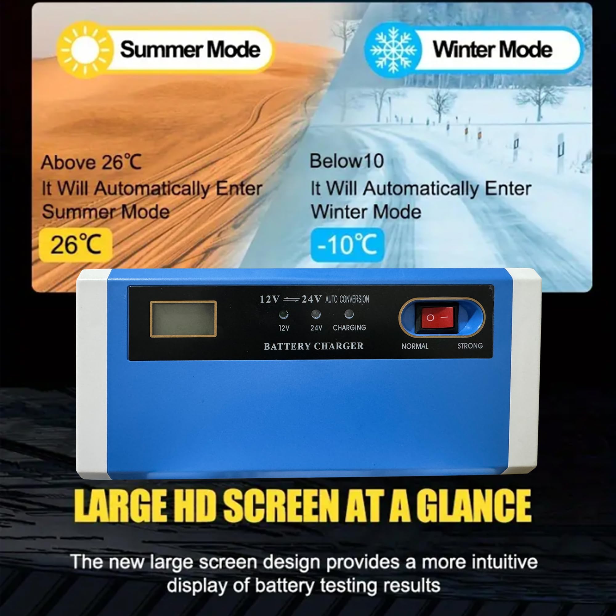 Chargeur de batterie Joelrise 10 A 12 V et 24 V Chargeur de batterie de voiture intelligent entièrement automatique avec mainteneur de batterie, chargeur d'entretien et désulfateur de batterie, avec compensation de température Image du produit 5