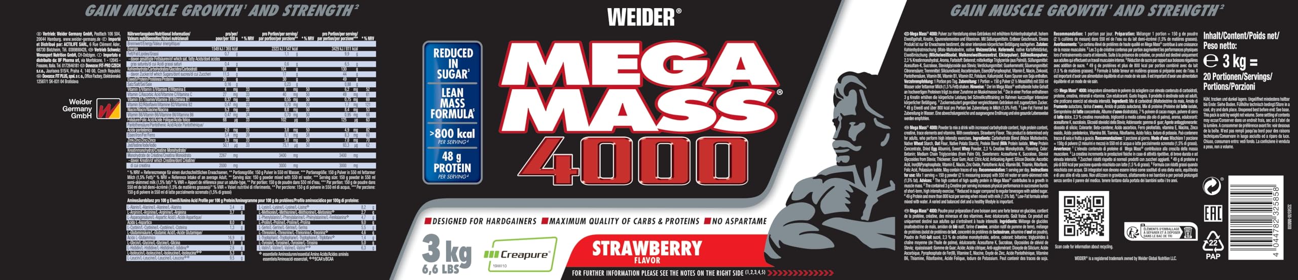 Weider Mega Mass 4000 3 kg - Legendarny Gainer z Węglowodanami, Białkiem, Monohydratem Kreatyny Creapure, Witaminami i Minerałami, Smak Truskawkowy