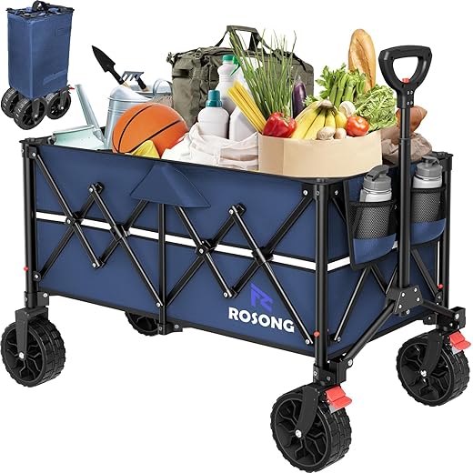 Collapsible Wagon Cart with Wheels Foldable - Folding Utility Heavy Duty Wagons Carts for Grocery Sports Garden Shopping Camping Wheelbarrows (Navy Blue, 120L)