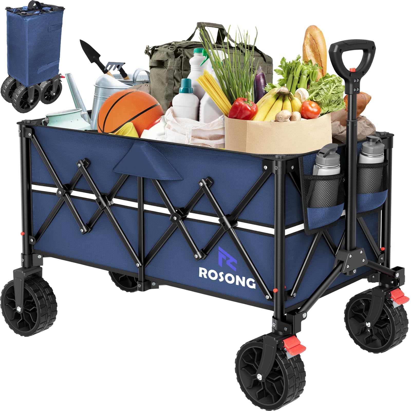 ROSONG Collapsible Wagon Cart with Wheels Foldable - Folding Utility Heavy Duty Wagons Carts for Grocery Sports Garden Shopping Camping Wheelbarrows (Navy Blue, 150L)