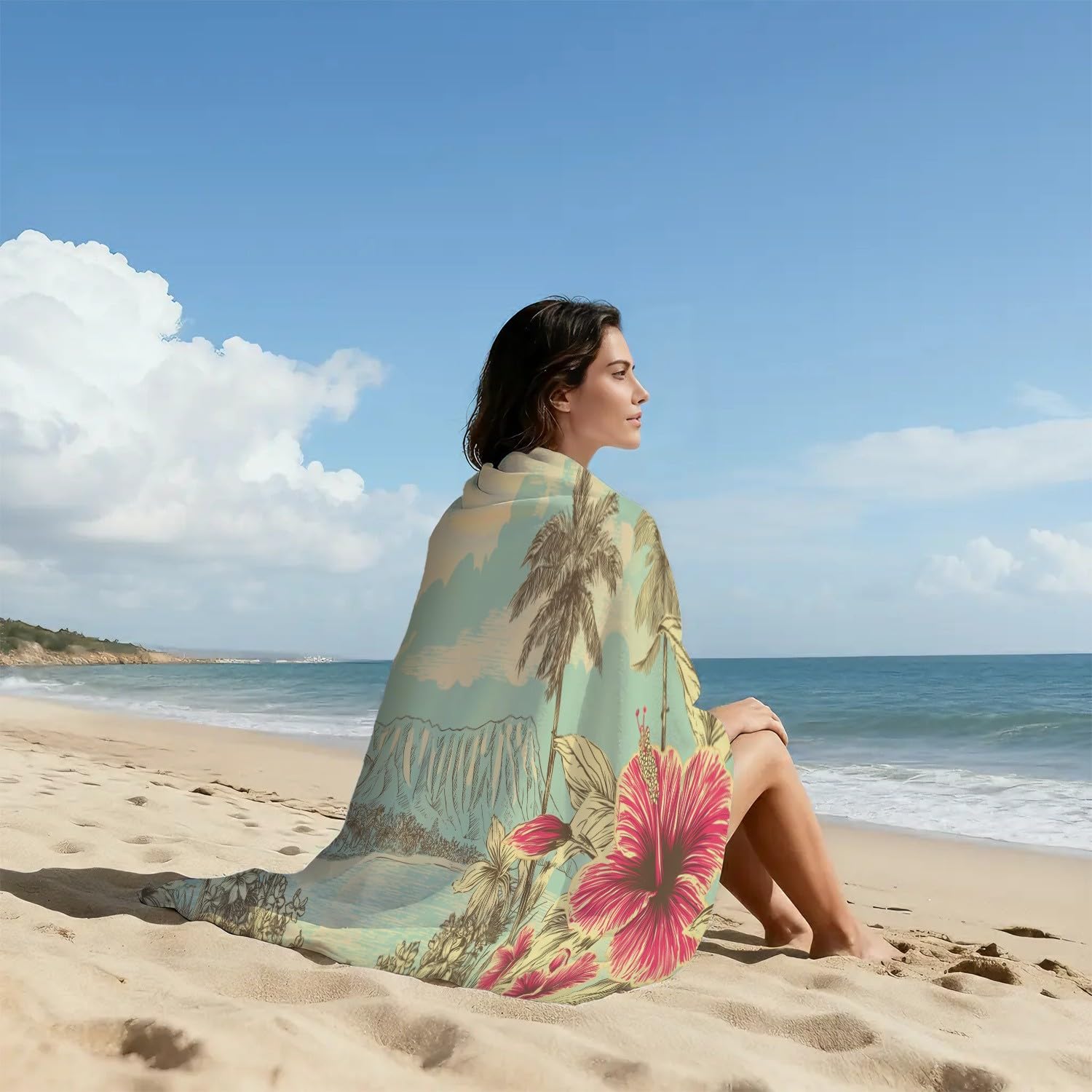 Retro, nostalgisch, klassisch Strandtuch 230 x 210 cm - Strandtuch trandtuch Leichtdünn Weich Strandtuch Hibiskusblüten, Berge, Strand, Palmen,für Strand, Pool, Yoga, Picknick