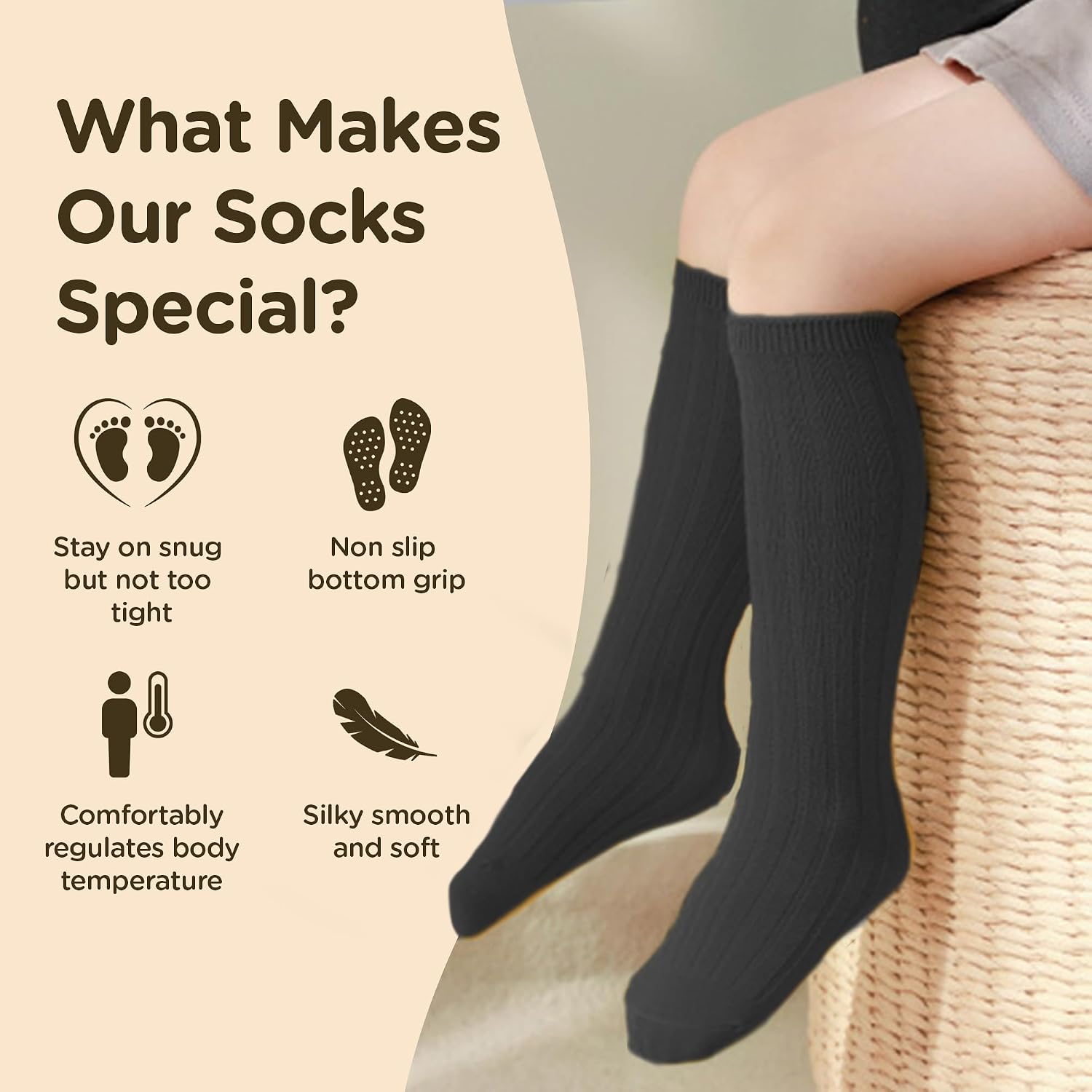 Babysoy Non-Slip Baby Girl & Boys Knee High Socks - Organic Cotton & Azlon Fiber - Newborn, Infant, Toddler - Set of 3