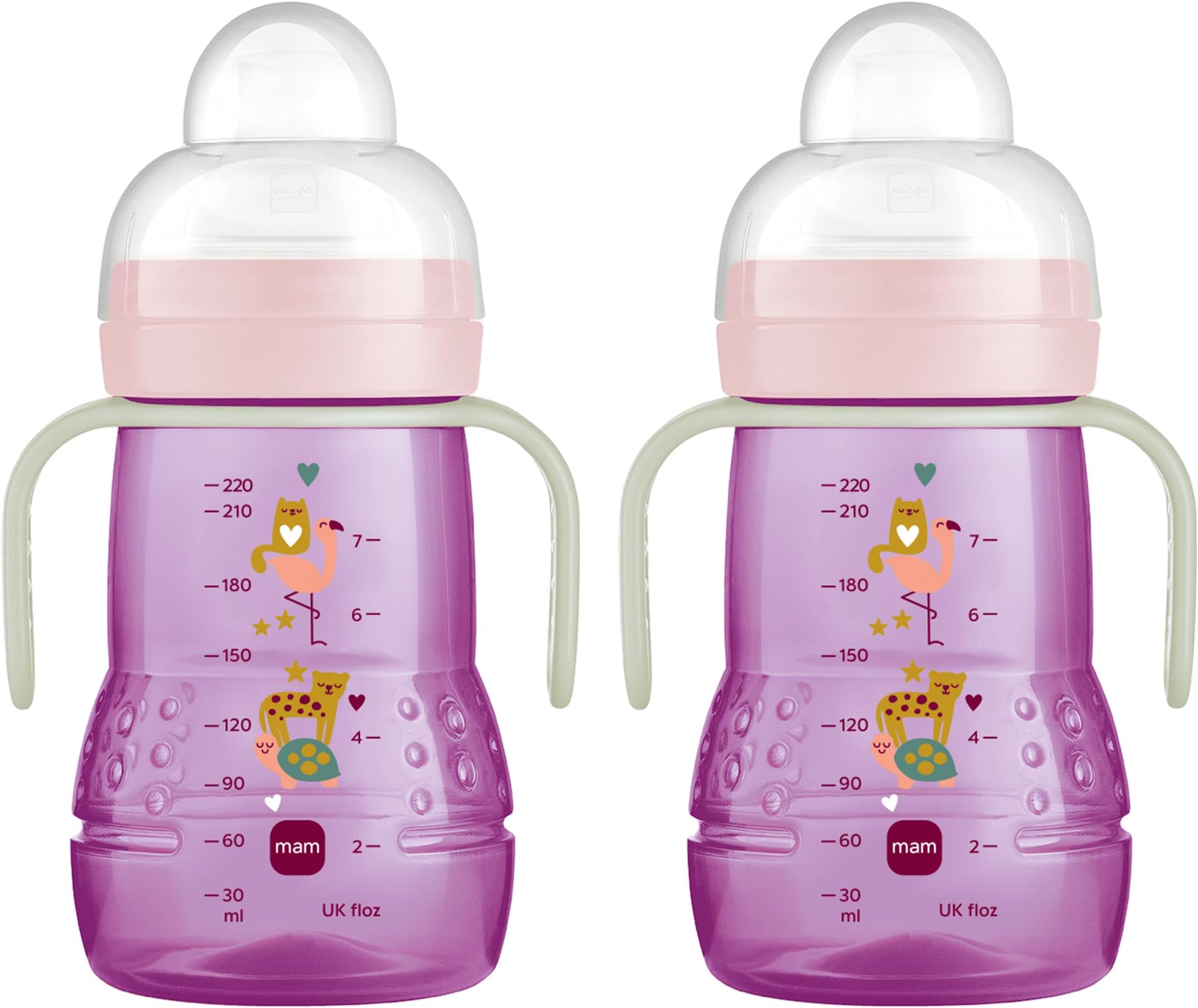 MAM Plastic Trainer Cup, Trainer Drinking Cup with Extra-Soft Spout, Spill-Free, and Non-Slip Handles, for Girls 4+ Months, Eight Ounces