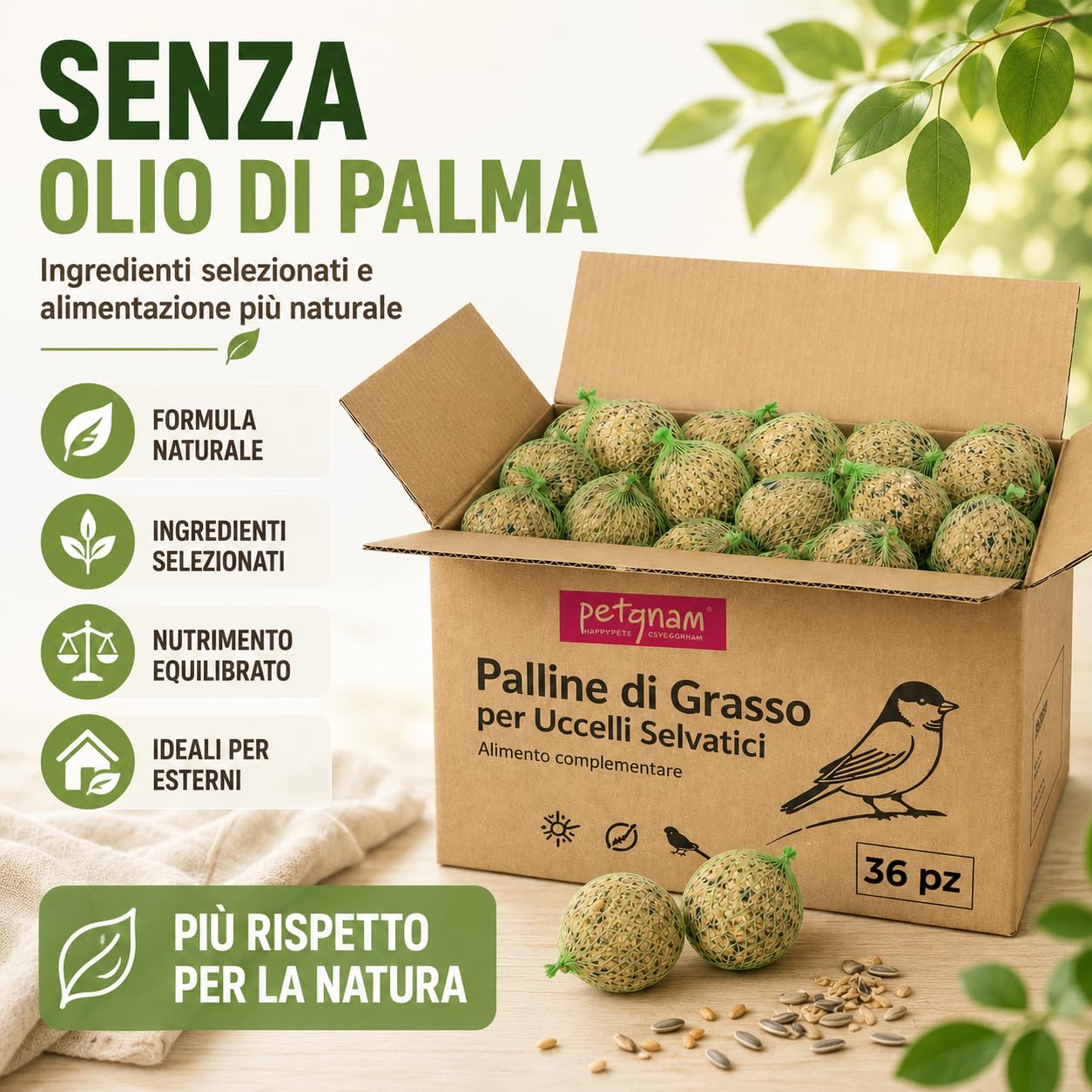 72 Palline di Grasso per Uccelli Selvatici 90 g - Mangime Naturale Senza Olio di Palma - Palle di Grasso ad Alto Valore Nutritivo per Uccellini - Ideali Tutto l’Anno per Giardino e Balcone (72)