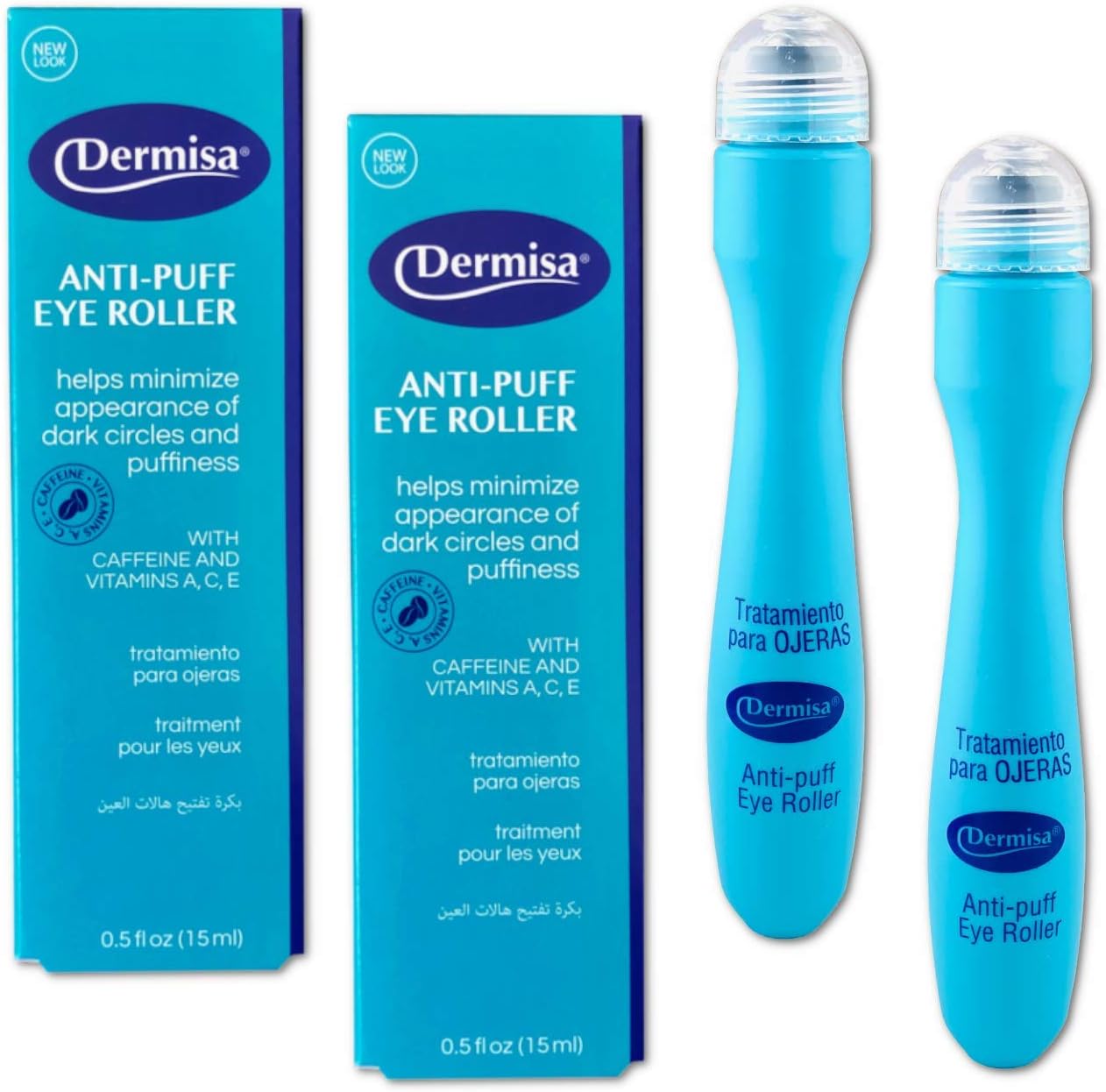 DermisaEye Roller for Puffy Eyes - Anti-Puff Dark Circle Under Eye Treatment Serum with Caffeine & Peppermint for Bright, Healthy Skin - Paraben, Fragrance, Dye and Oil Free - Made in USA - Pack of 2