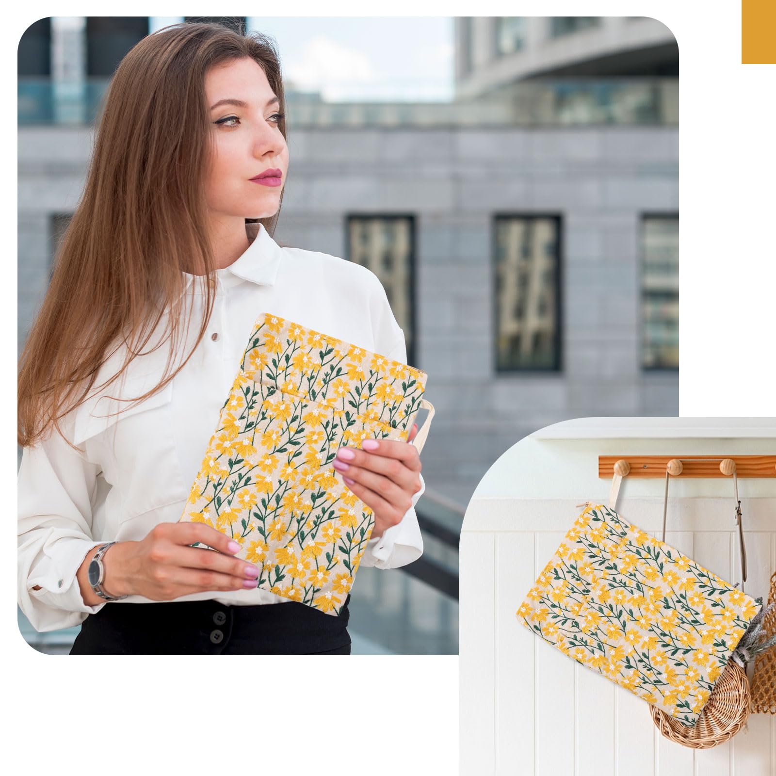GLOBLELAND Étui de Livre Brodé de Fleurs avec Fermeture Éclair Jaune Marguerite pour Livres Brochés et Reliés