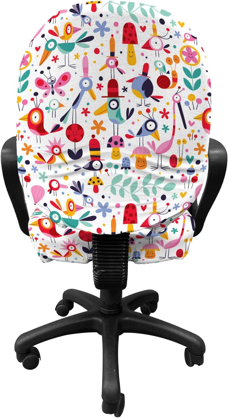 Ambesonne Birds Office Chair Slipcover, Funny Birds with Hats Smiling Baby Mushrooms Flowers Creative Children Doodle, Protective Stretch Decorative Fabric Cover, Standard Size, Multicolor and White
