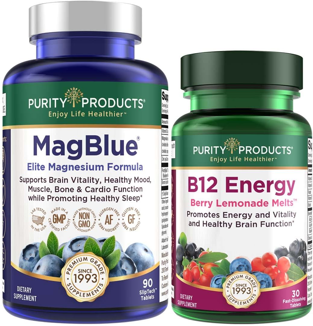 Purity Products MagBlue + B-12 Energy Melt - MagBlue (Magnesium Bisglycinate Chelate Buffered + Vitamin D3 + Organic Blueberries + More) - B12 Berry Melt (Methylcobalamin B12 + B6 + D3 + More)