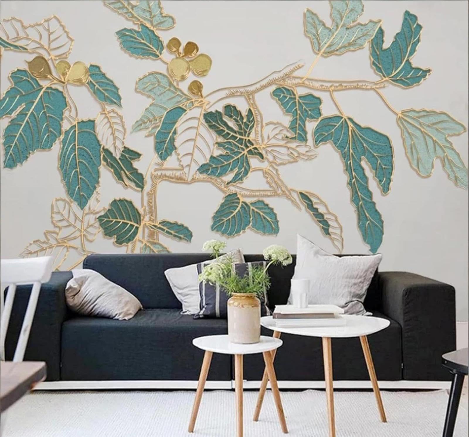 XLMING Minimalist Embossed Luxury Trees Green Leaves 3D Wallpaper Luxury Silk Study Dining Feature Sofa Grey Bedroom Living Room Tv Decorative Wall-400cm×280cm