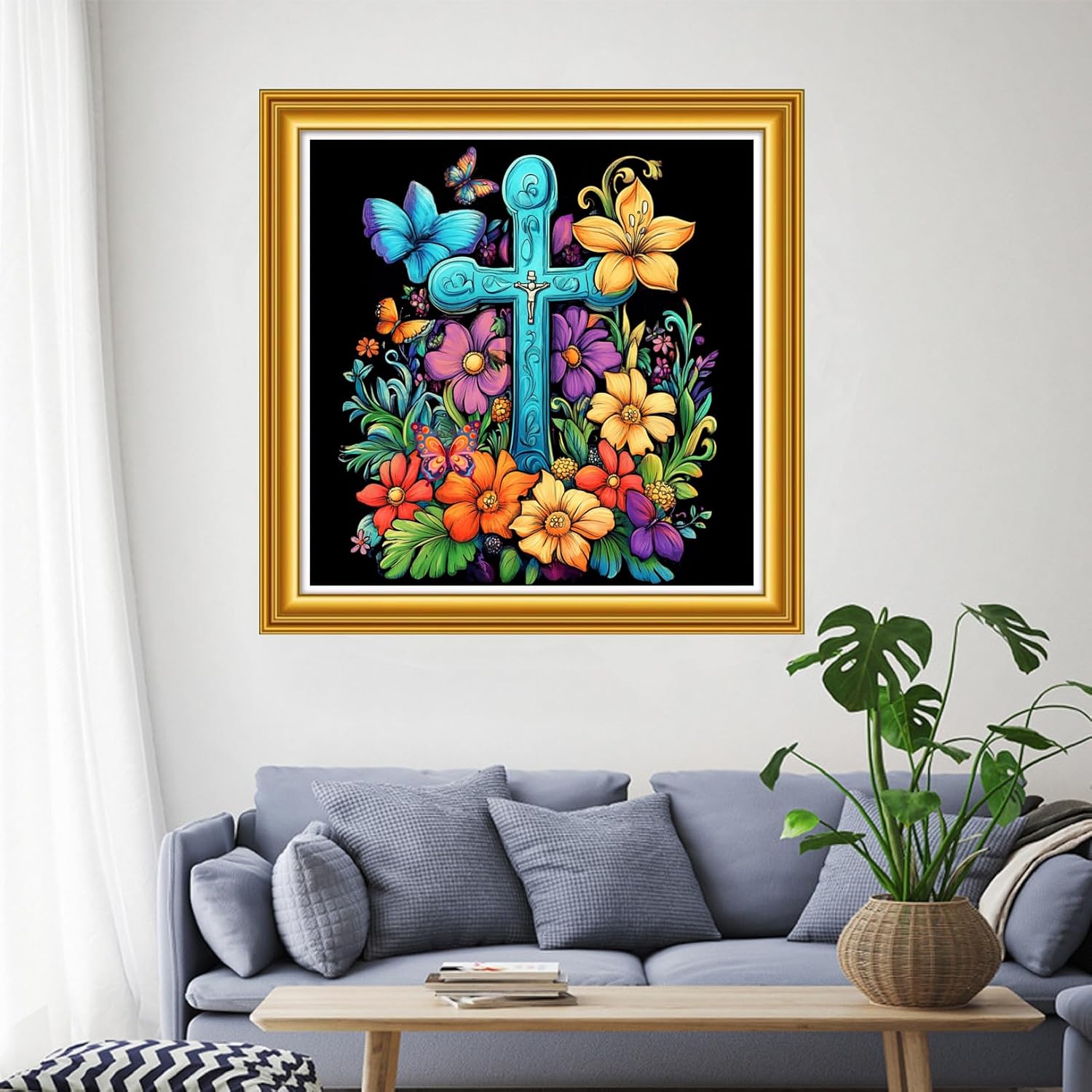 Funchey Stamped Cross Stitch Kits, DIY Cross Stitch Pattern for Adults Beginners Needlepoint Kits Embroidery Kit Arts and Crafts 11CT&Colorful Flower Cross 18x18 inch