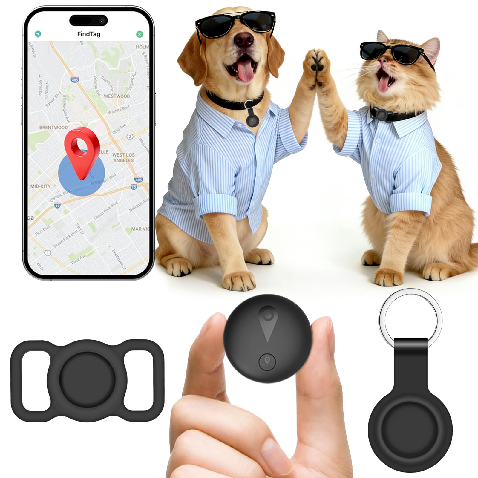 GPS Perros,GPS Gatos de Ubicación en Tiempo Real,Localizador Perros Mini Bluetooth,Localizador Gatos sin Suscripción,Compatible con iOS/Android,Batería de Larga Duración,se Puede Usar con Collar,Negro