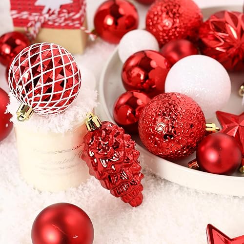 Miniatura 4 de GAOMON Juego de adornos de bolas de Navidad de 65 quilates, 64 piezas inastillables de bolas de Navidad rojas y blancas y letrero de Feliz Navidad,