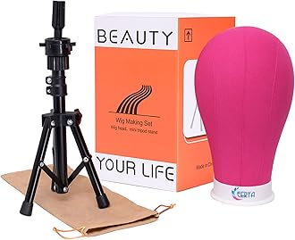 EERYA 23 Inch Wig Head Stand with Mannequin Head, Wig Stand Tripod With Head, Canvas Wig Head, Manikin Head Tripod Stand Set for Wigs Making Styling Display With Wig Cap(23 inch，Rosy)