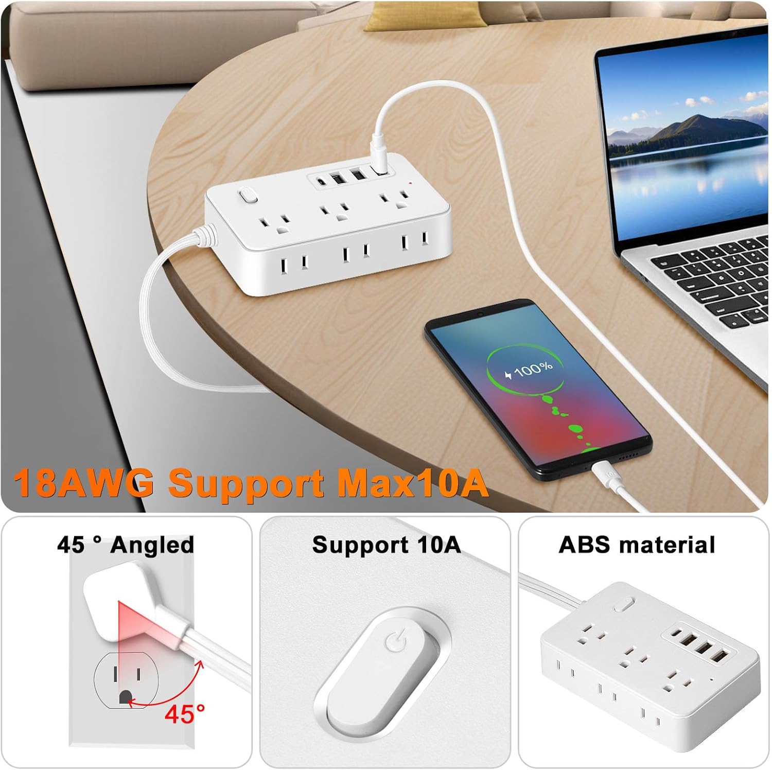10Ft Surge Protector Flat Extension Cord Flat Plug Power Strip, 6AC Outlets, 4 USB Charger(1 USB C Port), 1700 Joules Protection, Office Supplies, Dorm Room Essentials