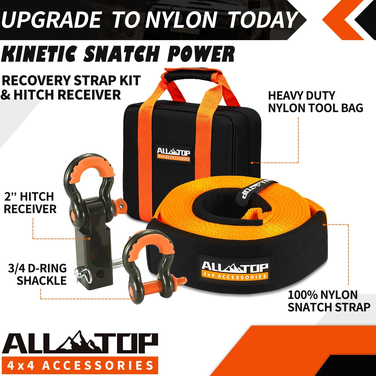 ALL-TOP Nylon Recovery Kit with Hitch Receiver: 3" x 30' (35,000lbs) 100% Nylon Snatch Strap + 2" Shackle Hitch Receiver + 3/4 HD Shackles (2pcs) with Isolator + Storage Bag - Image 5
