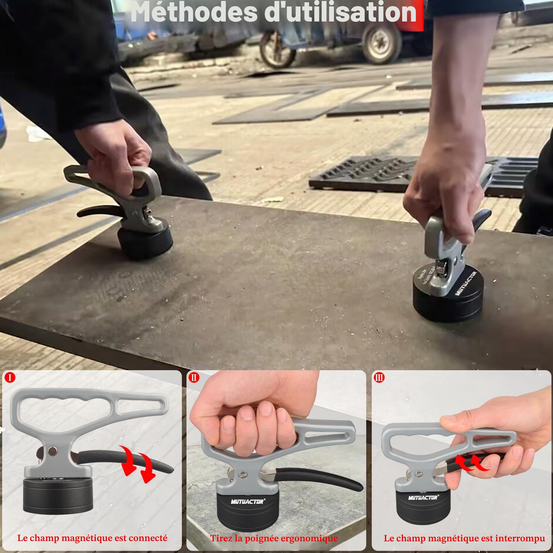 MUTUACTOR Poignée de levage magnétique manuelle, puissante, 1 lot d'aimants puissants en néodyme avec poignée stable pour le transport, outil magnétique facile à desserrer pour saisir les objets en