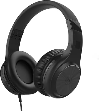 Motorola Sound Moto XT120 Over Ear Headphones Wired with Microphone, in-Line Command Control for Calls - Foldable Wired Headphones with Adjustable Cushioned Headband, Dynamic Bass, 3.5mm Jack - Black