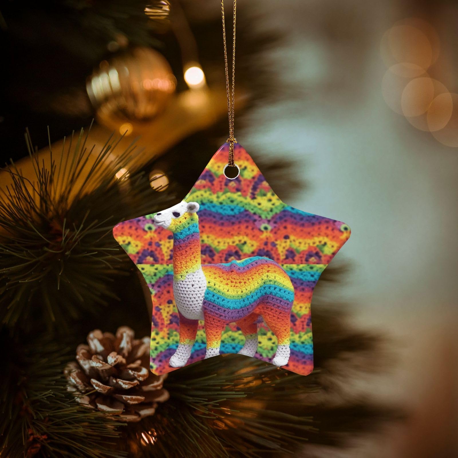 Christmas Tree Ornaments Ceramics Christmas Decorations Rainbow Camel Pattern Ornaments with Gold Ribbon Porcelain Xmas Tree Crafts Star Shape Hanging Pendant for Christmas Tree Party Decor