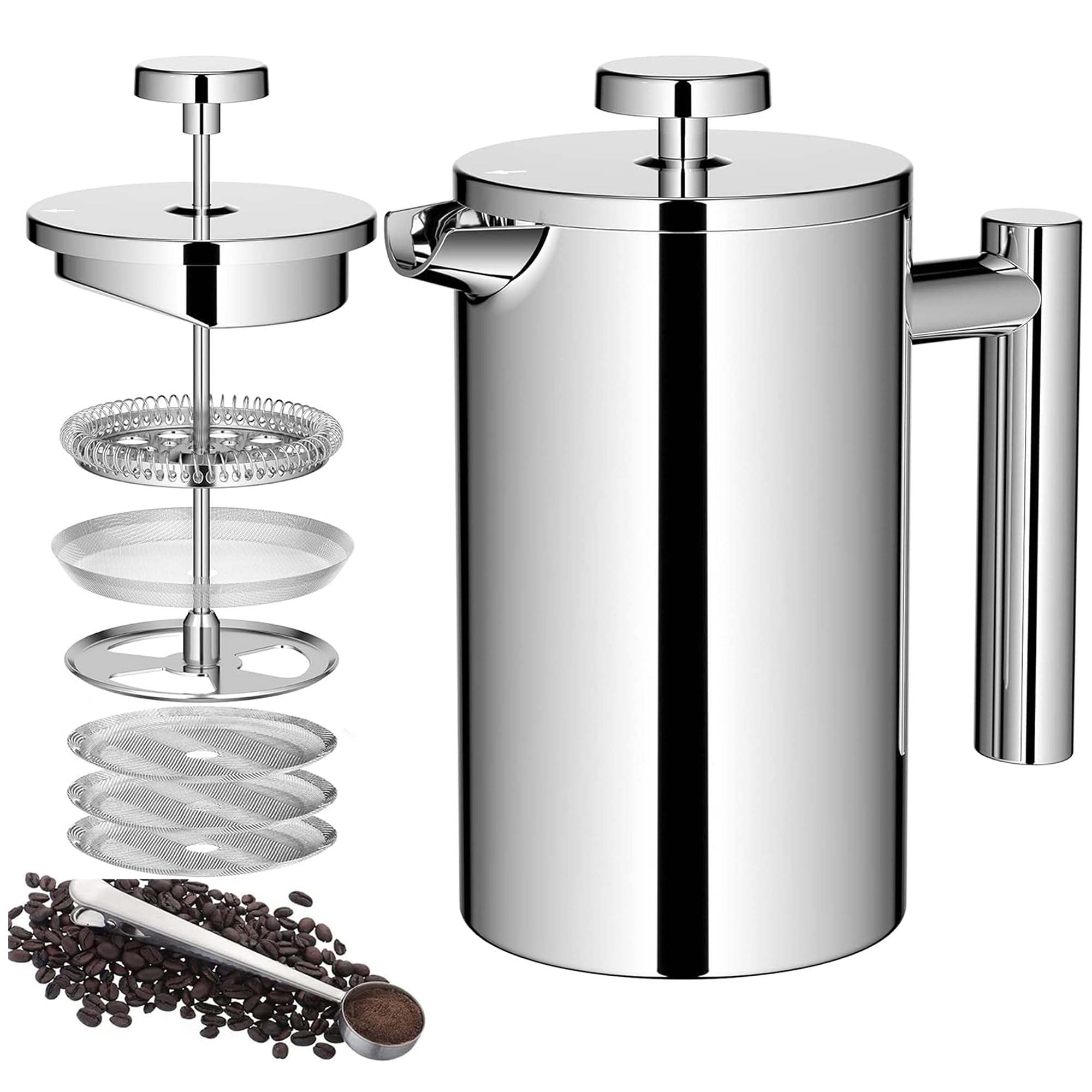 Cafetiere French Press Coffee Maker 600ml/20oz Double-Wall Insulated Stainless Steel, 3 Level Filtration System, French Press for Home, Camping and Office,(2 cup to 4 cup)