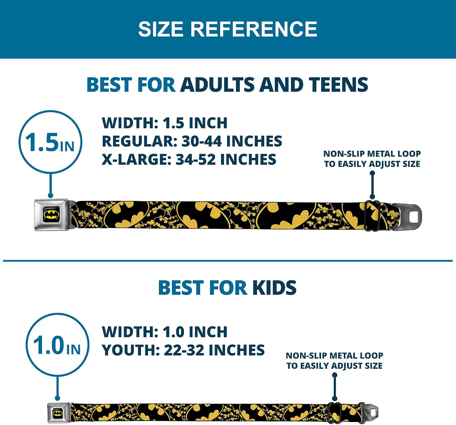 Buckle-Down Men's Seatbelt Belt Batman Kids, Bat Signals Stacked c/Blue Yellow/Black, 1.0" Wide-20-36 Inches
