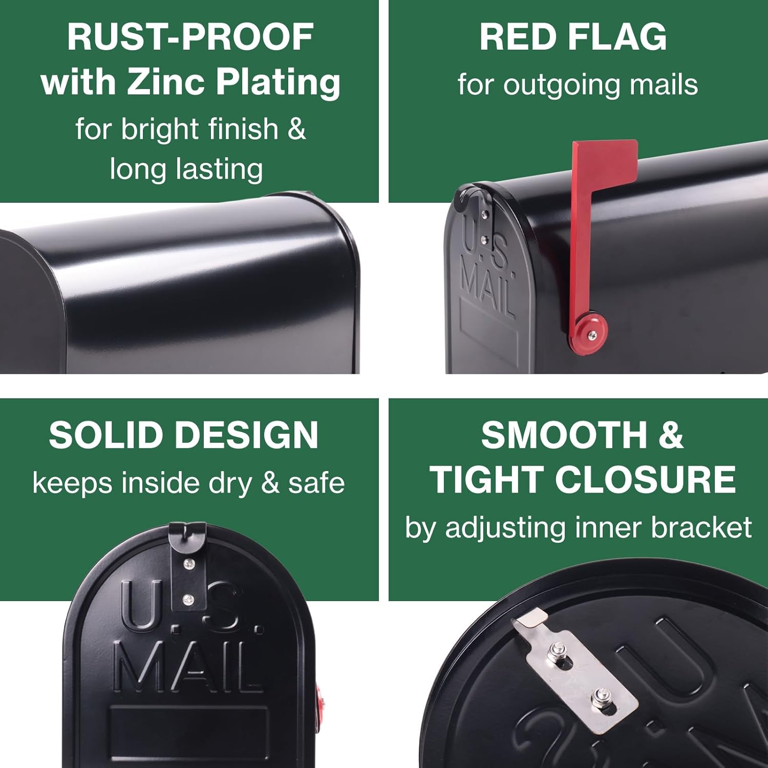 Japard Black Metal Mailbox, Galvanized Steel, Standard Medium Capacity, Waterproof and Rustproof with Red Flag, 18.9" L x 8.7" H x 6.7" W