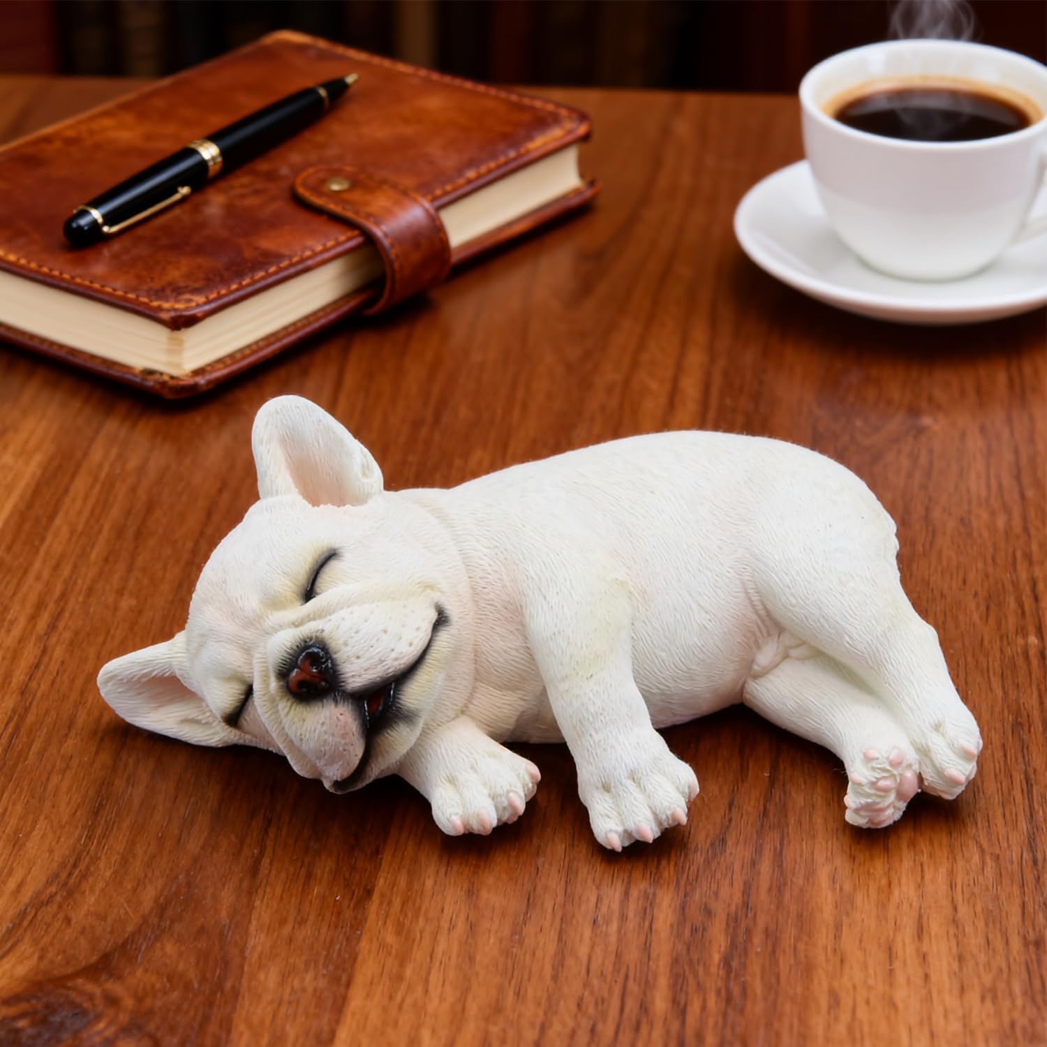 Sleeping French Bulldog Figurine, Creative Resin Bulldog Statue Cute Bulldog Sculpture Home Office Decor Car Dashboard Decoration Desktop Ornaments Centerpiece Collectible Crafts Gift (White 2)