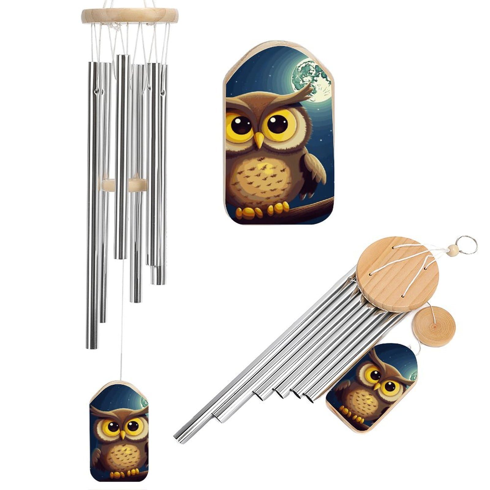 Owl and Yellow Moon Wind Chimes, Soothing Melodic Memorial Windchimes Soothing Melody Wind Chime Handcrafted Hanging Decoration for Home Garden Balcony Courtyard Decor